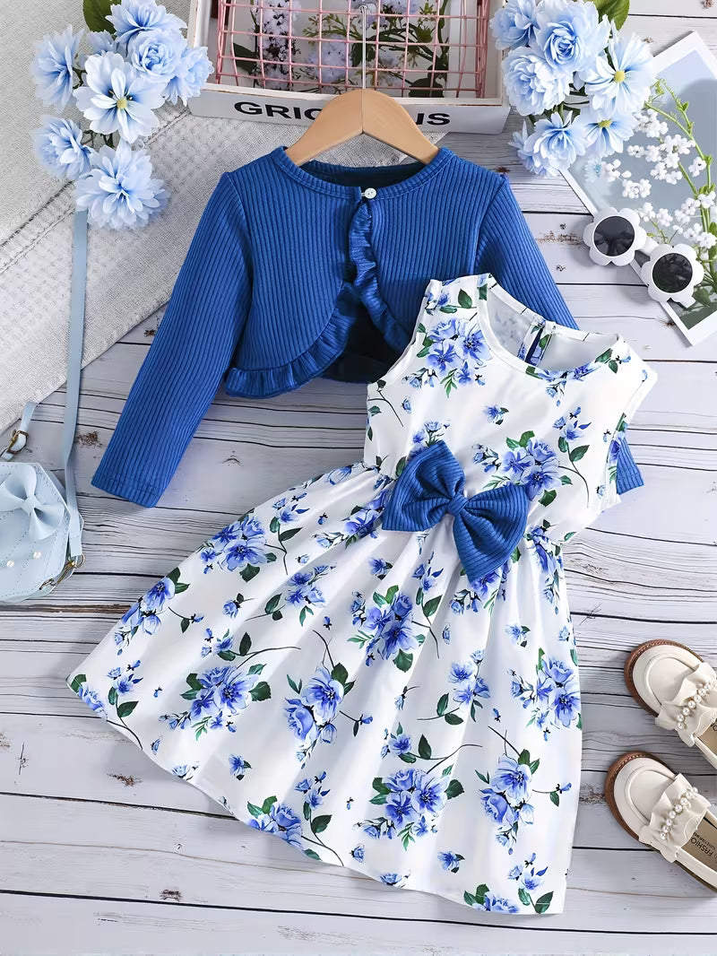 Girls' Autumn/Winter Cardigan Jacket and Vest Print Dress 2pcs Set for Back-to-School Campus Fashion