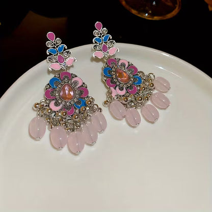 A Pair of Vintage Luxurious Ethnic-style Resin Tassel Earrings with Drip-painted Floral Designs