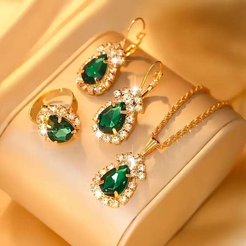 Colorful Water Drop 4pcs Jewelry Set! Made of Stainless Steel Rhinestones, This Necklace, Earring, and Ring Combination Is Perfect for Holiday Gifts