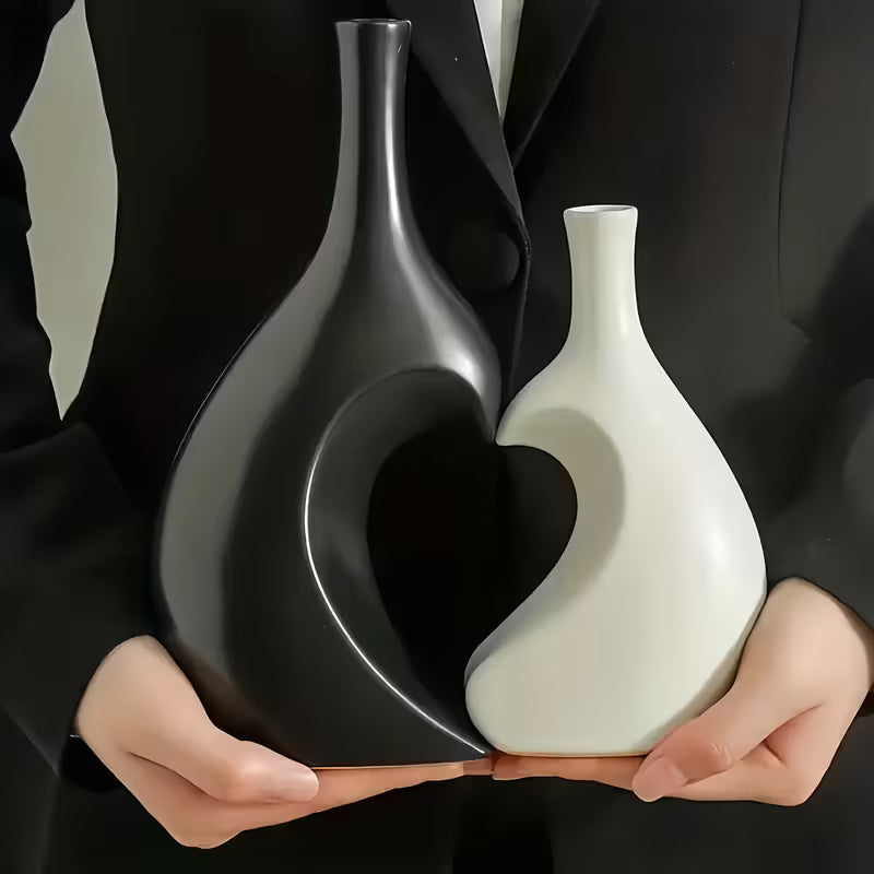 2pcs Modern Bohemian Black & White Bell Vase Set with Heart Decor - Plastic Flower Vases for Home, Wedding, Table Centerpiece - Bell-Shaped Vase & Heart Accent, Easy Assembly with Real/Dry Flowers, Space-Saving Decorative Vase Combo Gift