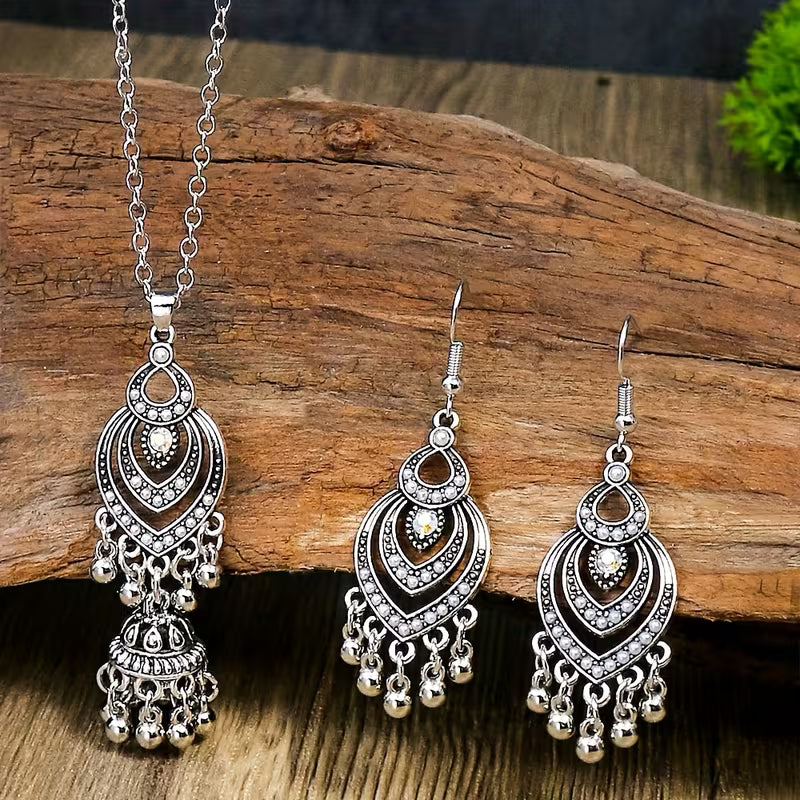 3pcs Bohemian Ethnic Vintage for Women - Zinc Alloy & Glass Bead Bell & Tassel Earrings and Necklace, K Plated Ilvery Peach Bell Charms, Cultural for Parties Weddings Daily Wear, Year-Round Elegant Statement