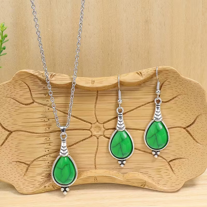 3pcs Bohemian Vintage Style Women's Jewelry Set, Silvery Teardrop Zinc Alloy with Yellow Acrylic Earrings and Necklace Set, Simple and Stylish, Versatile for All Seasons