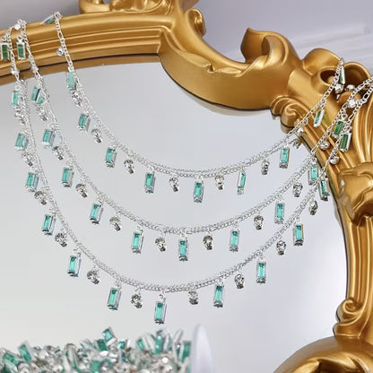 1 Meter Mint Green Rectangular Glass Pendant with Rhinestone Decoration, Copper Chain for Jewelry Making Additions, Jewelry Chain