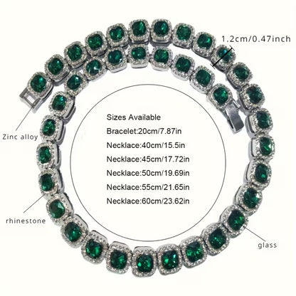 1pc of Men'S Hip-Hop Inspired Green Square Glass Cuban Link Choker Necklace, a Fashionable Accessory for Rappers, Robust And Stylish Statement Jewelry, Perfect Gift for Your Loved One