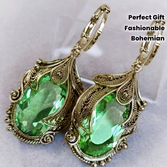 1pc Women'S Elegant Geometric Feather-like Earrings - Green Gemstone-like Accent, Wedding Party Everyday Jewelry, Durable Zinc Alloy Statement Earrings for Formal Events & Casual Attire - Perfect Gift for Women, Banquet Accessories, Bohemian Style, Intric