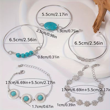 5pcs Vintage Boho Style Turquoise Mosaic Bracelet Set | Ethnic Floral and Feather Design, Iron Material, Ideal for Gifts and Parties