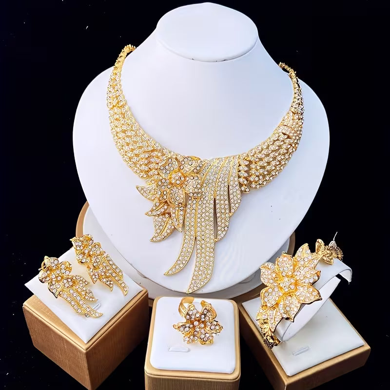 5pcs Women's Jewelry Set Elegant Floral & Leaf Multicolor Sparkling Necklace, Earrings, Bracelet & Adjustable Ring for Wedding, Party, Valentine's Gift - Year-Round Wearable for Special Occasions, Complete Matching Set