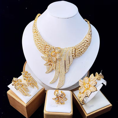 5pcs Women's Jewelry Set Elegant Floral & Leaf Multicolor Sparkling Necklace, Earrings, Bracelet & Adjustable Ring for Wedding, Party, Valentine's Gift - Year-Round Wearable for Special Occasions, Complete Matching Set