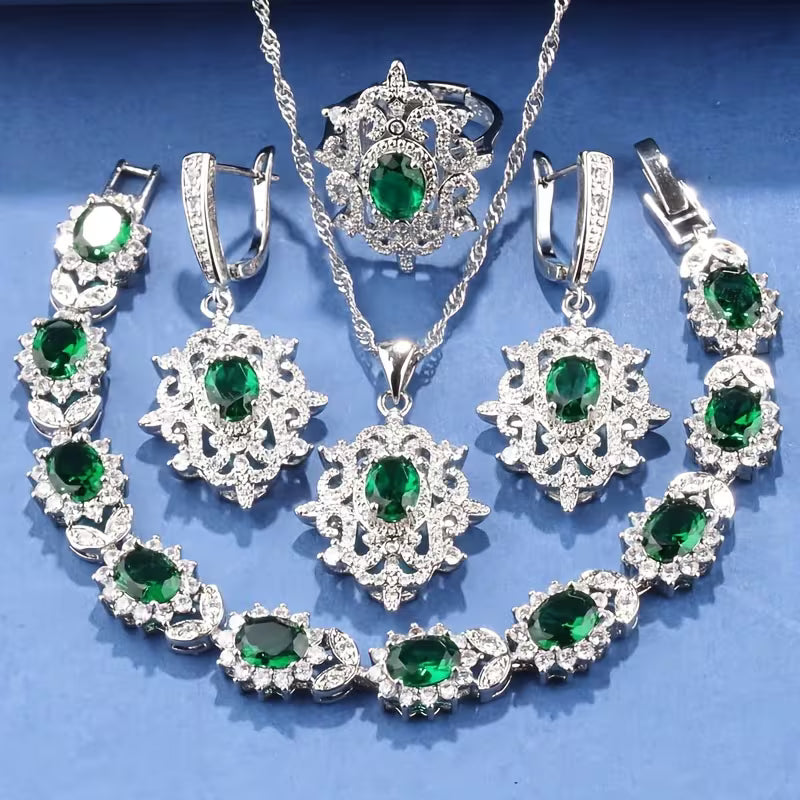 5pcs Luxury Elegant Jewelry Set, 18K Golden Plated Copper, with Synthetic Emerald & Cubic Zirconia, Includes Earrings, Necklace, Pendant, Ring, Bracelet, for Daily & Party Wear, Ideal for Christmas & All Seasons