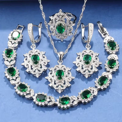 5pcs Luxury Elegant Jewelry Set, 18K Golden Plated Copper, with Synthetic Emerald & Cubic Zirconia, Includes Earrings, Necklace, Pendant, Ring, Bracelet, for Daily & Party Wear, Ideal for Christmas & All Seasons