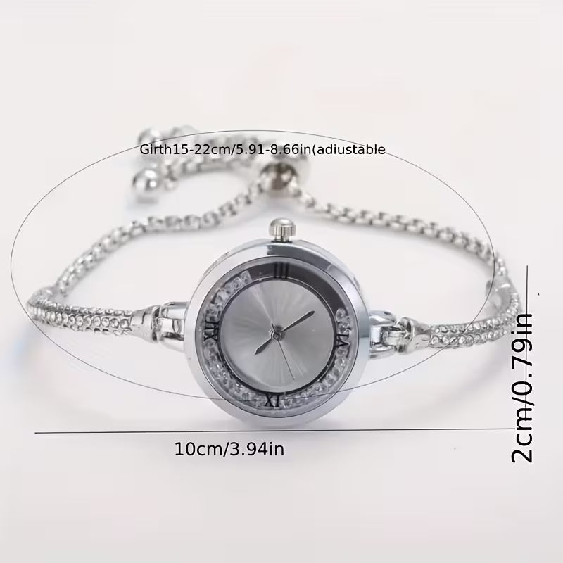 A Luxurious Women'S Quartz Watch with a Stylish And Elegant Round Design, Adorned with Rhinestones. The Bracelet Is Adjustable And Makes a Perfect Gift for Mom