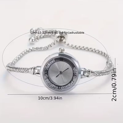 A Luxurious Women'S Quartz Watch with a Stylish And Elegant Round Design, Adorned with Rhinestones. The Bracelet Is Adjustable And Makes a Perfect Gift for Mom