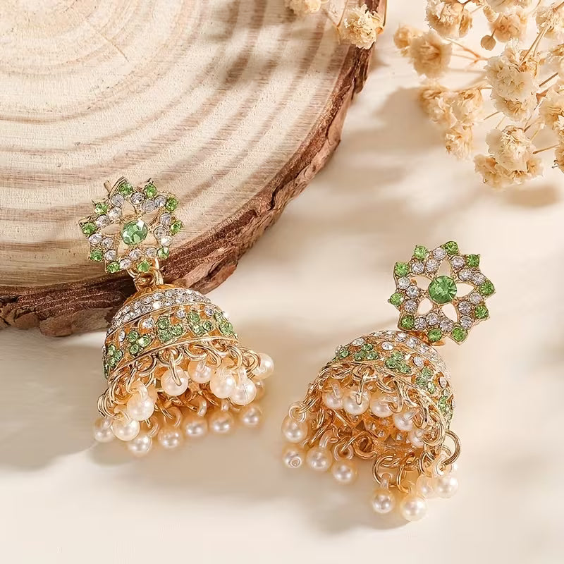 1 Pair Indian Bohemian Rhinestone & Drop Earrings with Jhumka Bells, KC Golden-Plated Wedding Party Jewelry, Green Accent Tassel Dangle Earrings for Women, Year-Round Wear (Gift Box) - Sensitive Beige