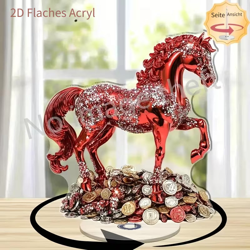 2D Flat, 2D Flat Rotating Red Horse Desktop Decoration- Sparkling Ornament, No Power Required, Suitable Home, Office, Party- Elegant Modern Interior, Desktop Decoration, 2D Flat