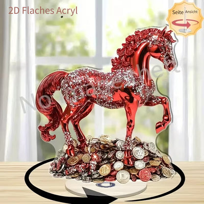 2D Flat, 2D Flat Rotating Red Horse Desktop Decoration- Sparkling Ornament, No Power Required, Suitable Home, Office, Party- Elegant Modern Interior, Desktop Decoration, 2D Flat