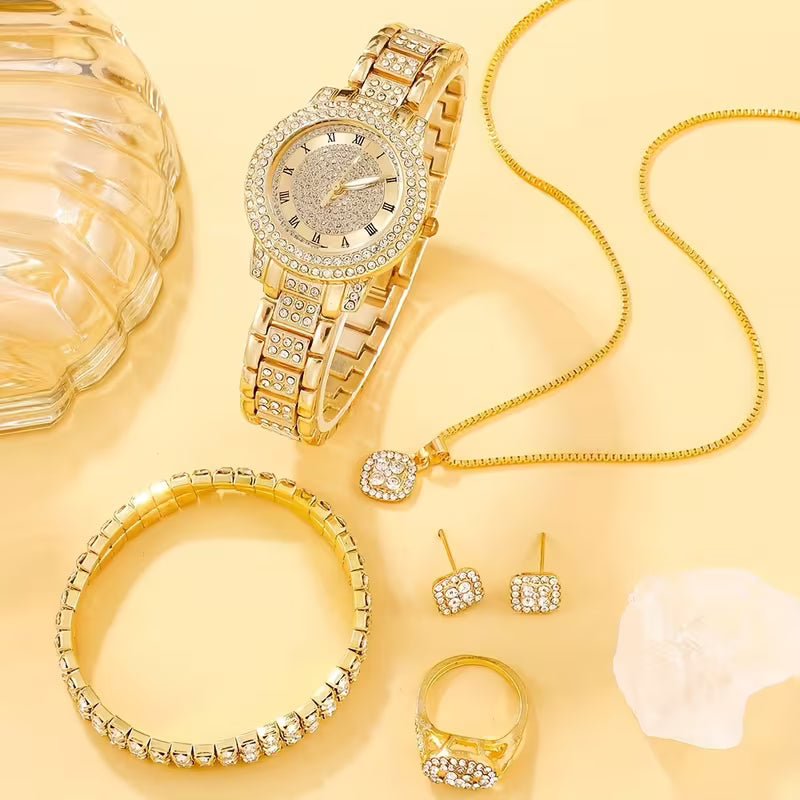 Glamorous 6pcs Women's Quartz Watch & Jewelry Set - Luxury Rhinestone, Square Sparkling Design - Perfect for Valentine's, Easter, Mother's Day Gifts