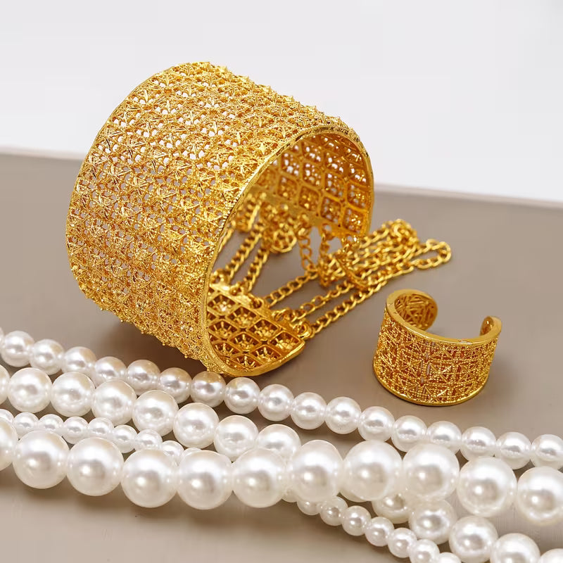Middle Eastern Fashion Wedding Season Tassel Open Bangles And Ring Set, a Versatile Selection of High-Quality Jewelry for Ladies' Banquets, Weddings, And Festivals in Dubai, Perfect Gifts for Valentine'S Day And Mother'S Day
