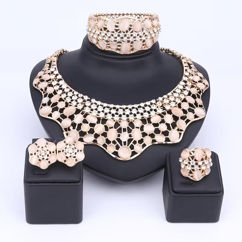 Elegant Jewelry Collection for Women Featuring Faux Cat'S Eye, Rhinestones, And a Golden Necklace, Earrings, Bangle, And Ring, Perfect for Banquets And Proms
