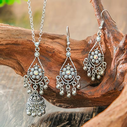 3pcs Bohemian Ethnic Vintage for Women - Zinc Alloy & Glass Bead Bell & Tassel Earrings and Necklace, K Plated Ilvery Peach Bell Charms, Cultural for Parties Weddings Daily Wear, Year-Round Elegant Statement