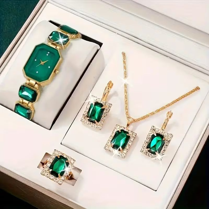 MSCXDK 5pcs Women's Watch & Jewelry Set - Square Quartz Watch with Matching Bracelet/Collar Necklace/Earrings/Ring, Multicolor Alloy Chain, Shockproof Stainless /Casual Elegant Analog Wristwatch for Daily Wear & Special Occasions,