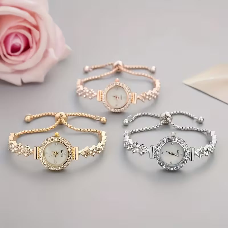 A Luxurious Women'S Quartz Watch with a Stylish And Elegant Round Design, Adorned with Rhinestones. The Bracelet Is Adjustable And Makes a Perfect Gift for Mom