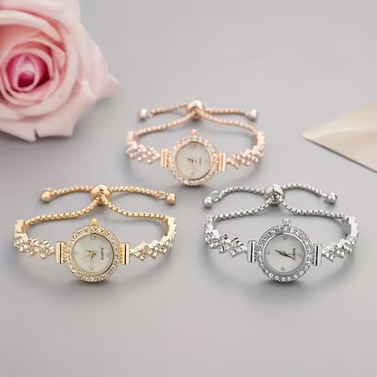A Luxurious Women'S Quartz Watch with a Stylish And Elegant Round Design, Adorned with Rhinestones. The Bracelet Is Adjustable And Makes a Perfect Gift for Mom