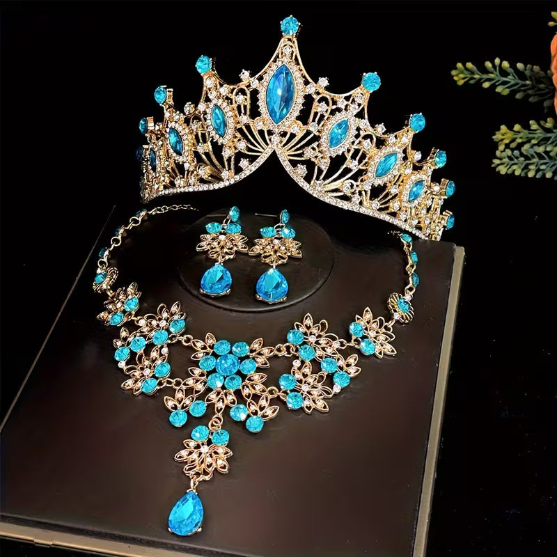 Three-Piece Bridal Crown Set Including a Tiara, Necklace, And Earrings, Perfect for Fairy-Tale Weddings, Photo Shoots, And Parties