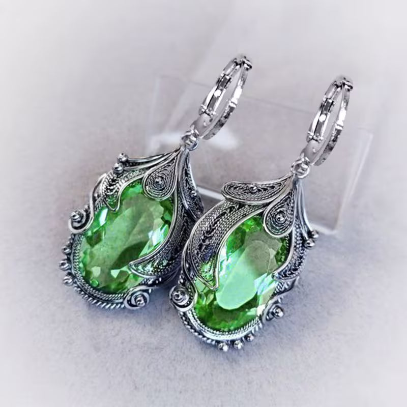 1pc Women'S Elegant Geometric Feather-like Earrings - Green Gemstone-like Accent, Wedding Party Everyday Jewelry, Durable Zinc Alloy Statement Earrings for Formal Events & Casual Attire - Perfect Gift for Women, Banquet Accessories, Bohemian Style, Intric