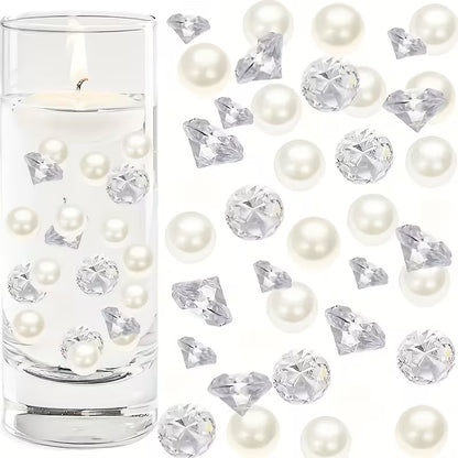 350 Mixed Acrylic Imitation Diamonds, Realistic Pearl Vase Fillers And Table Decorations for Weddings, Holidays, Christmas, Valentine'S Day, And Birthday Parties, Crafts, Easter Party Decorations
