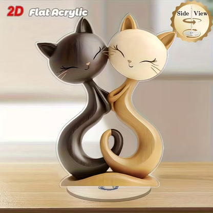 2D Flat, 1pc Rotating Acrylic Tabletop Decor with Smiling Tabby Cat Couple - Black & White Brown Beige Modern Desktop Display, 360° Spin Base Suitable for Home, Office, Farmhouse - Durable / Use, Perfect Gift for Birthdays, Housewarming, Valentine's