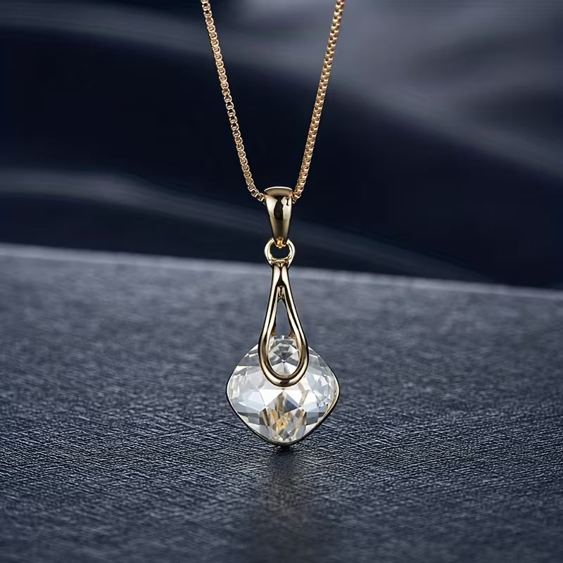 Elegant Women'S Jewelry Set - Chic Square Pendant Necklace & Teardrop Earrings, Golden-Tone with Sparkling Artificial Crystal - Ideal for Parties, Weddings, Birthdays, and Special Occasions, Wedding Jewelry|Geometric Pendant Design|Zinc Alloy, Necklace Ea