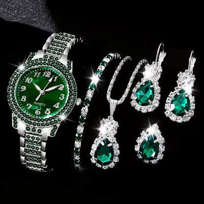 6 Women'S Outfit Sets: a Green Bezel Quartz Watch And Teardrop-Shaped Additions - Elegant Pieces for Everyday Use, Perfect As Gifts