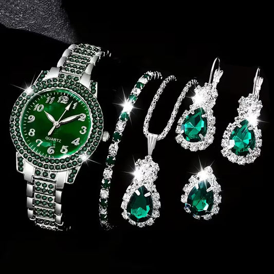 6 Women'S Outfit Sets: a Green Bezel Quartz Watch And Teardrop-Shaped Additions - Elegant Pieces for Everyday Use, Perfect As Gifts