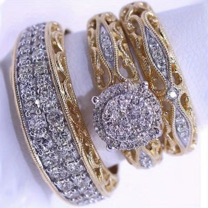 3pcs Set: A Gorgeous and Noble Ladies' Engagement Ring Set, Luxuriously Plated with 14k Golden and Adorned with Sparkling Synthetic Synthetic Zirconia. A Charming Party Jewelry Accessory, Perfect as a Valentine's Day Gift for Women