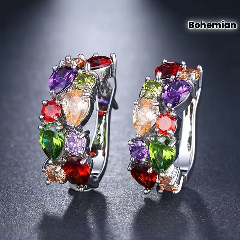 Women's Teardrop Synthetic Zirconia Hoop Earrings with KC & Copper Inlay - Multi-Color (///) Bohemian Luxury Suitable for Birthdays, Christmas Gifts, Parties & Daily Wear